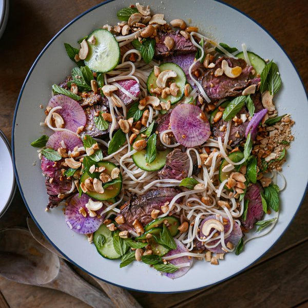 Grilled Steak and Rice Noodle Salad with Crunchy Veg and Chili Lime Dressing