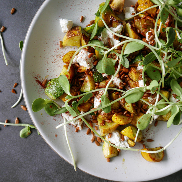 Sautéed Summer Squash with Smokey Sunflower Seeds and Goat Cheese